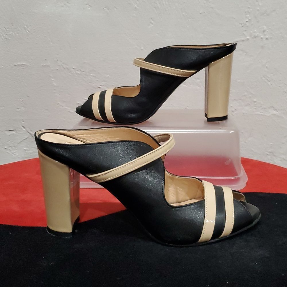 Brenda Zaro Elegant Mule Style Heels In Black & Cream Made In Spain Size 8